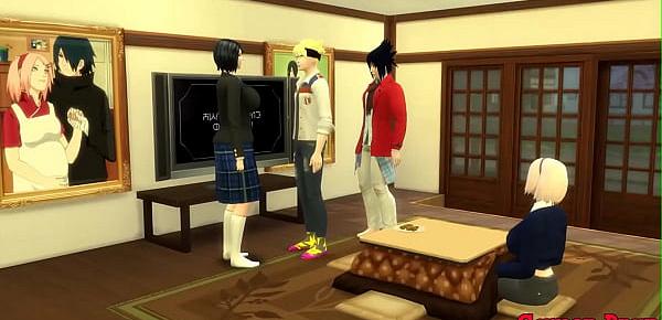  Naruto Boruto Cap 4 Boruto va al cuarto de sarada a ver porno en la computadora y sakura lo ayuda con una mamada luego se les une sara para un trio